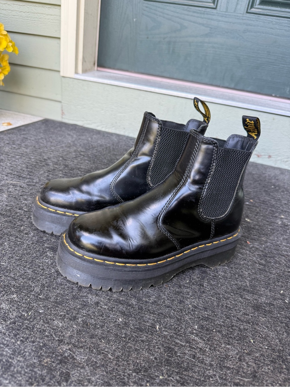 Dr. Martens Black Patent Platform Chelsea Boots with Yellow Stitching